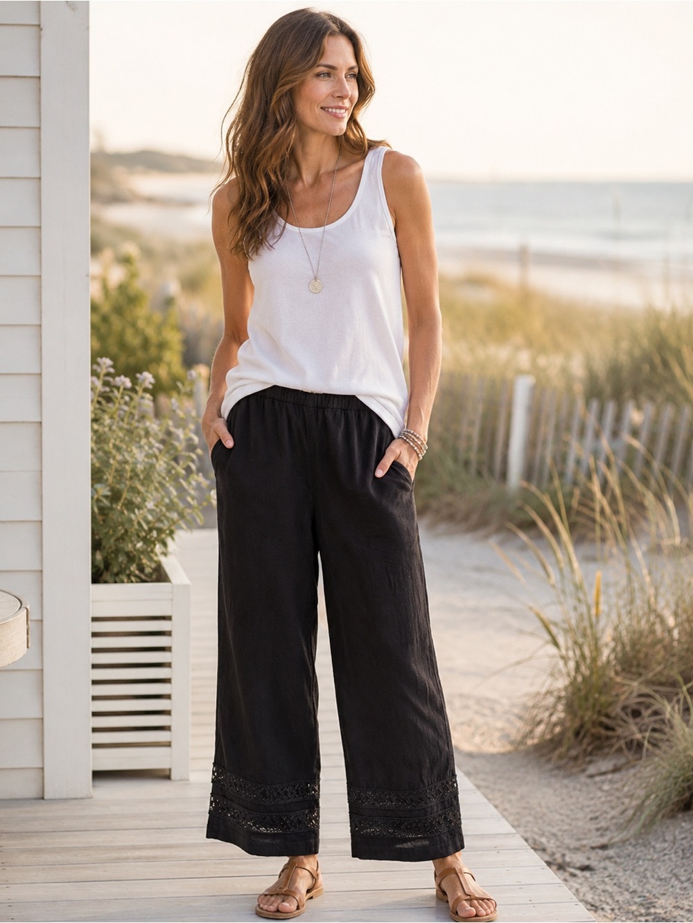 J. Jill Black Wide Leg Lace Hem Crop Pants Women Small Rayon Cotton Boho Breezy